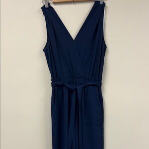 Monteau blue v-neck sleeveless tie waist wide leg pants with slits jumpsuit S
